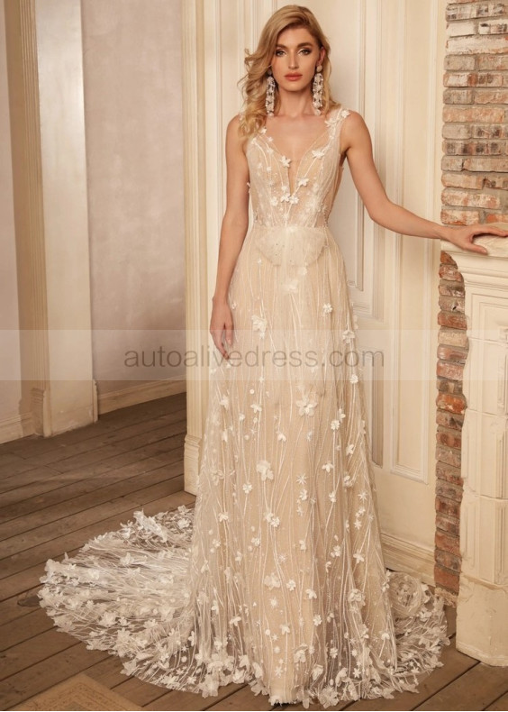 V Neck Beaded 3D Lace Tulle Fairy Wedding Dress